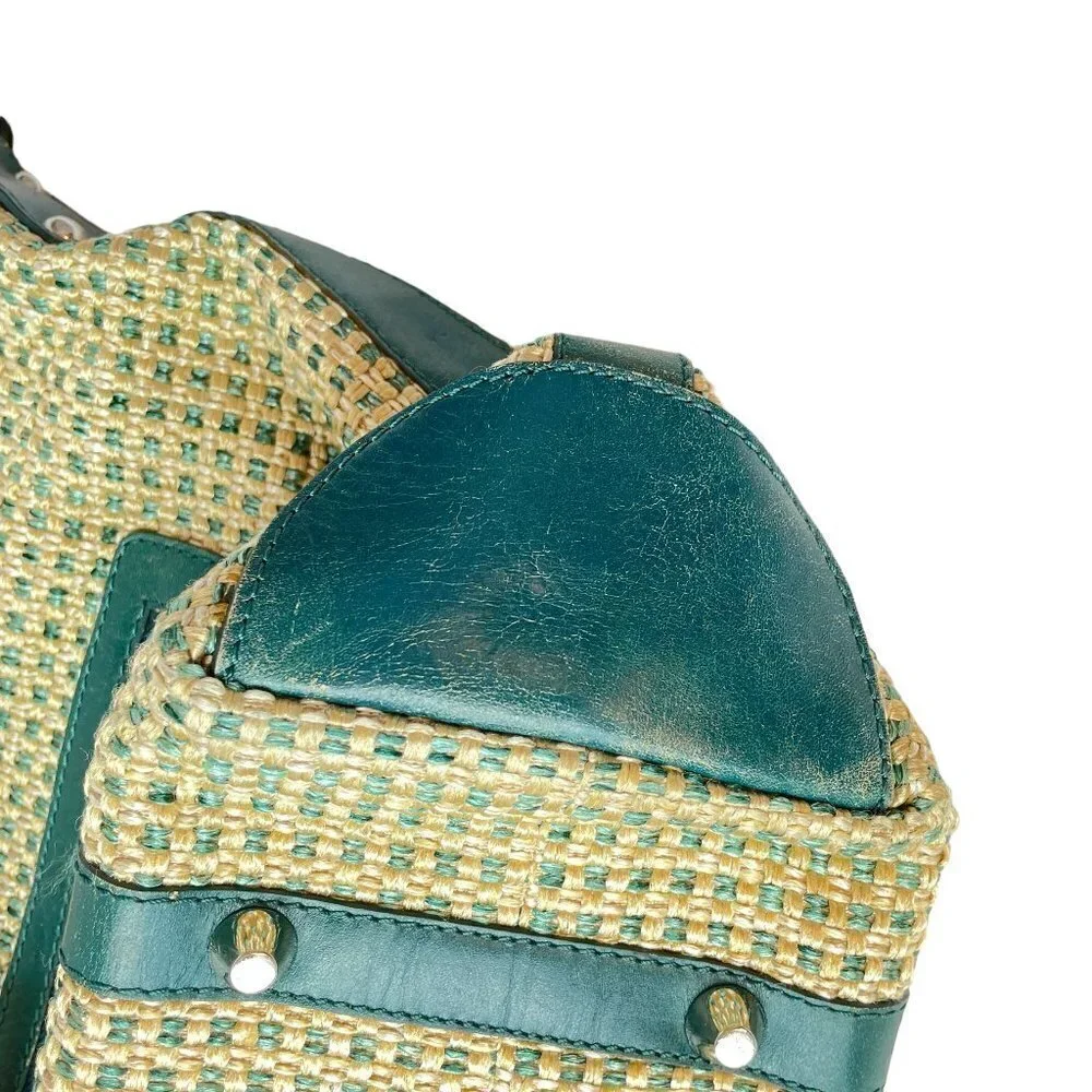 Nino BOSSI Woven Shoulder Bag Beige with Green Leather Trim Silver Hardware